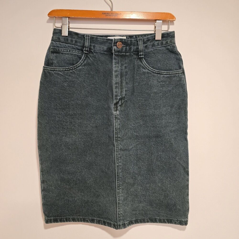 Vintage 80s 90s Denim Midi Skirt Green Size 4 Womens Boho Hippie Festival Indie